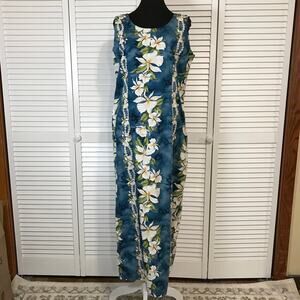 Jade Fashions Vintage Blue Hawaiian White Ginger Tank Maxi A-line Dress Women L